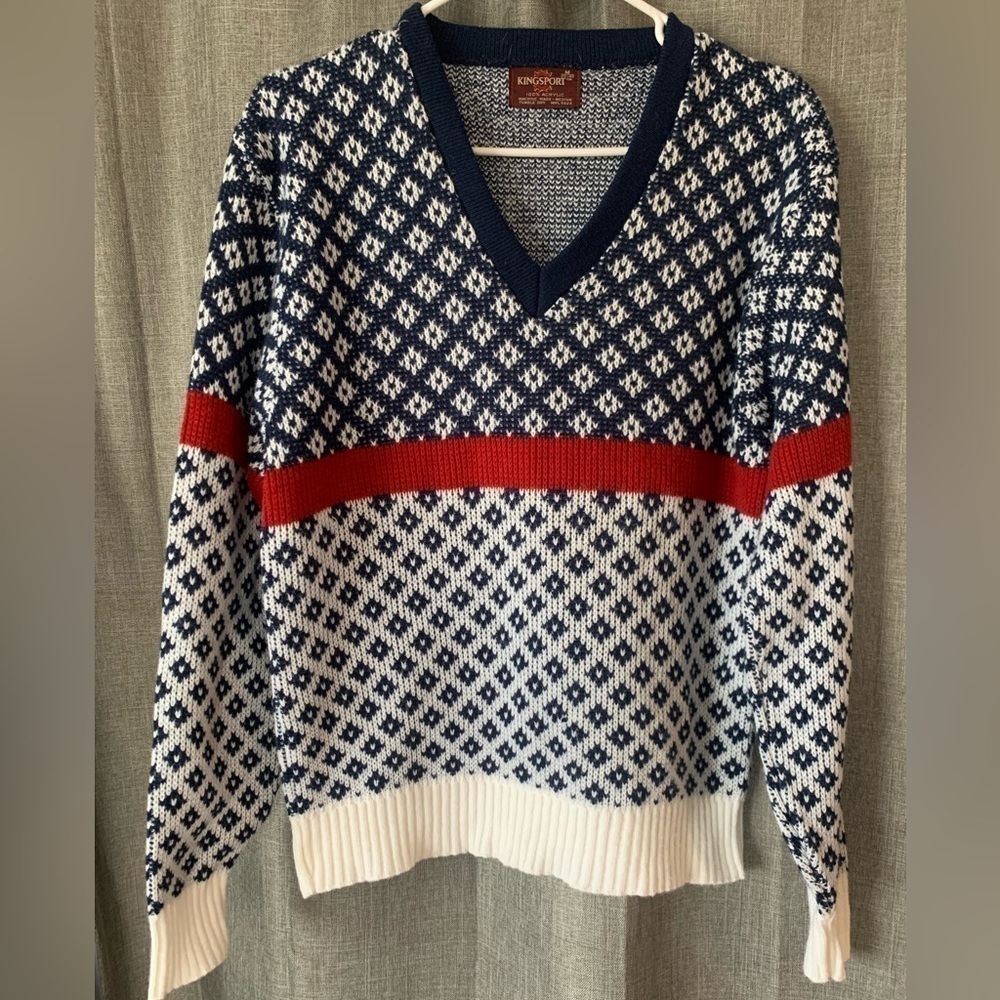Vintage 80s Kingsport Grandpa Diamond Print V Neck Sweater Men’s Medium